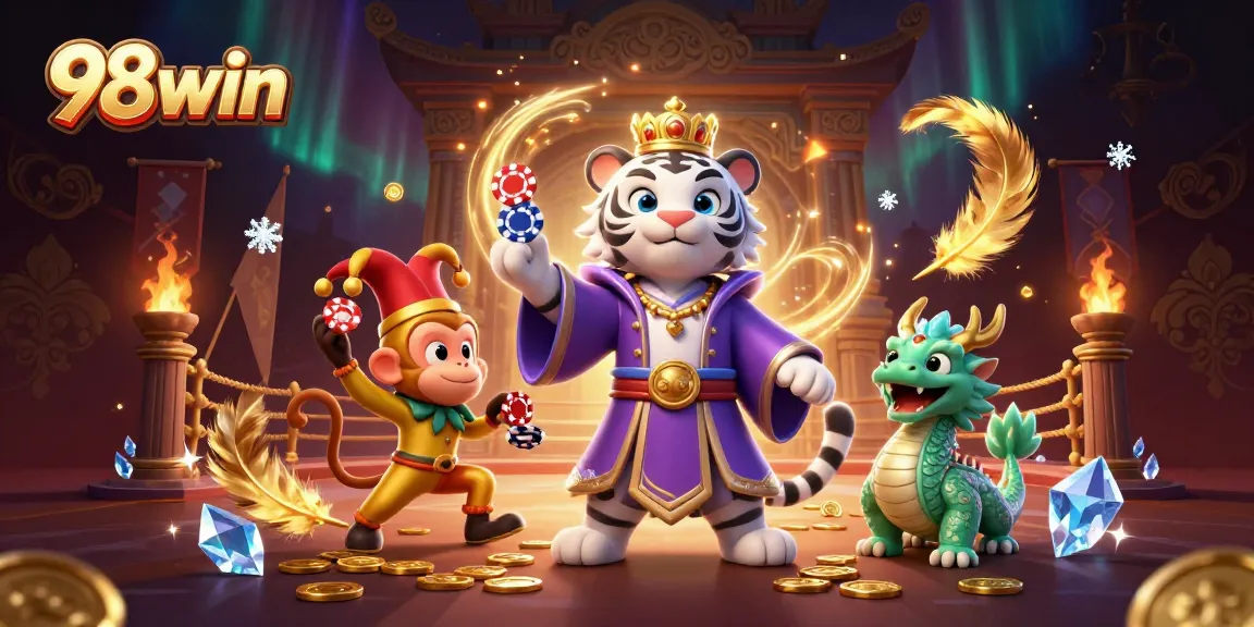 Join 98win in the vibrant casino world with an elite tiger, playful monkey, and jade dragon amidst exciting gaming elements.