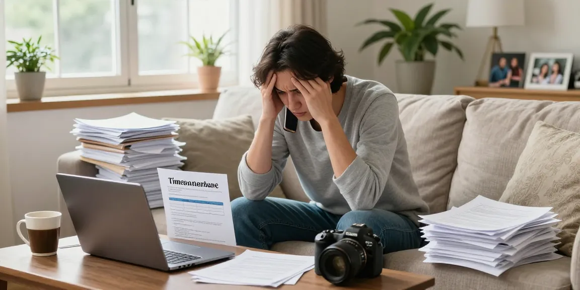 Homeowner exploring how to get rid of a timeshare amidst piles of paperwork in a bright living room.