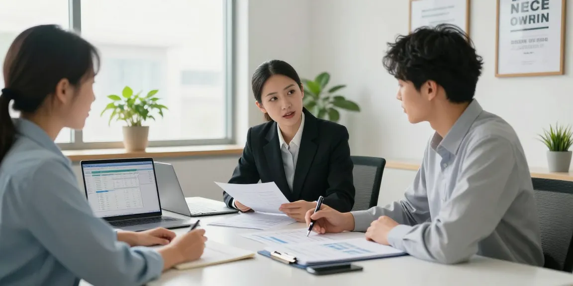 Accountants for small business collaborating in a professional office setting, discussing financial documents.