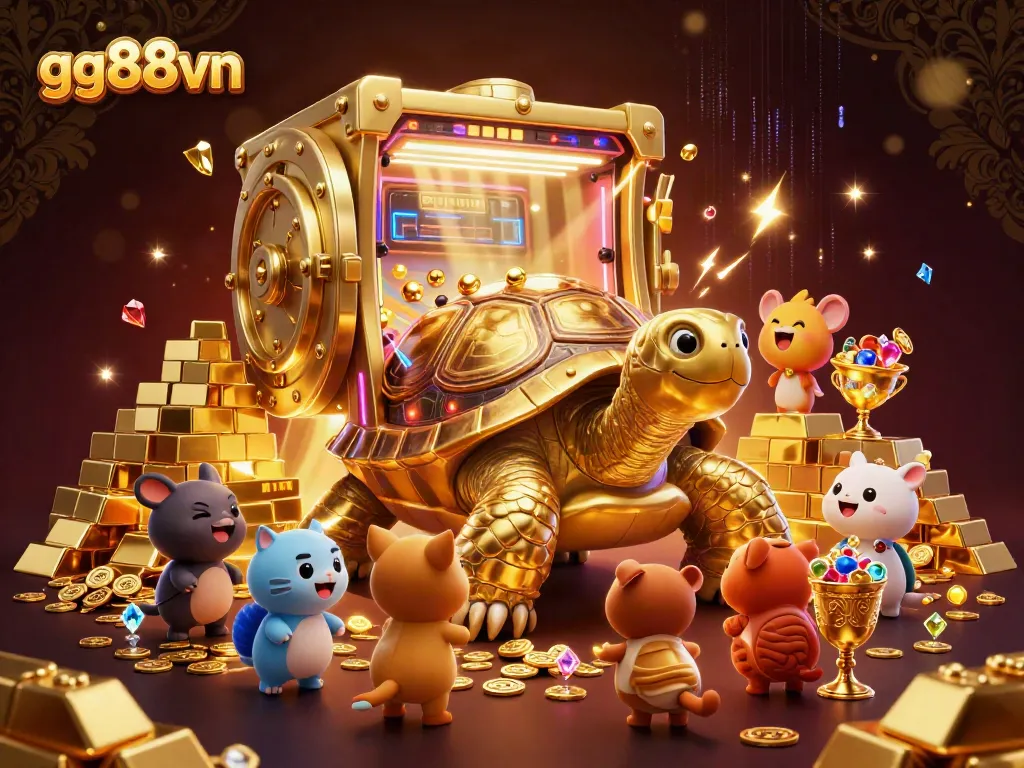 Excited players engaging with gg88vn's golden tortoise pinball machine amid treasure vaults in a vibrant casino illustration.