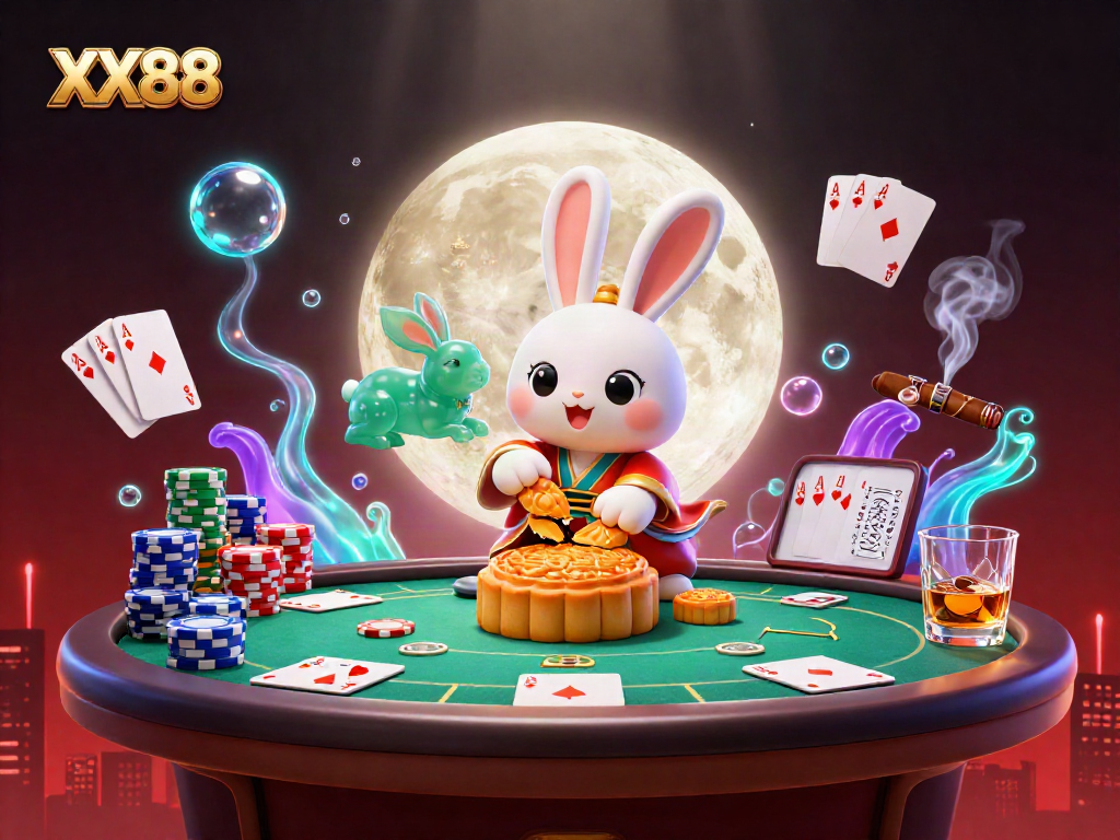 Engage with XX88 as cartoon characters illustrate traditional gaming elements in a vibrant casino setting.