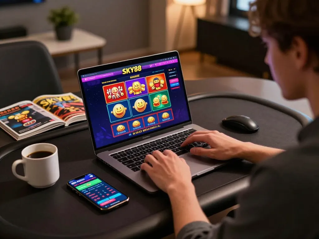 Engaged player using SKY88 online platform at stylish home setup for strategic gaming.