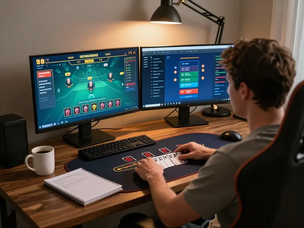Engaged player enjoying 789win live dealer blackjack on dual screens at home