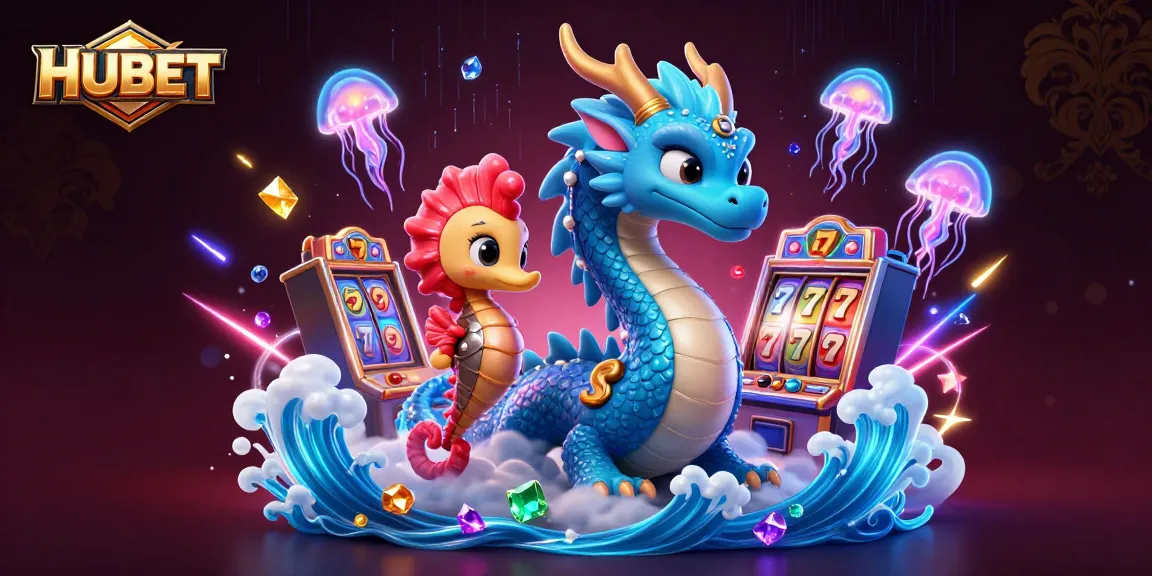 Experience HUBET's enchanting world of slot games with a captivating sea dragon and vibrant neon visuals.