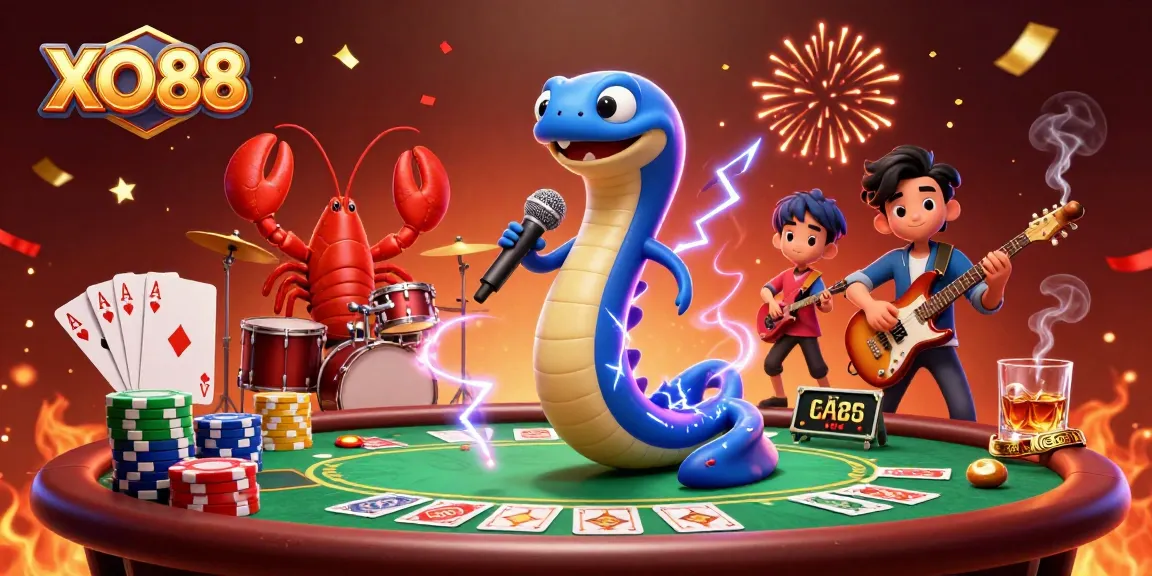 Experience the excitement of XO88 with a 3D casino scene featuring vibrant characters and dynamic gaming elements.