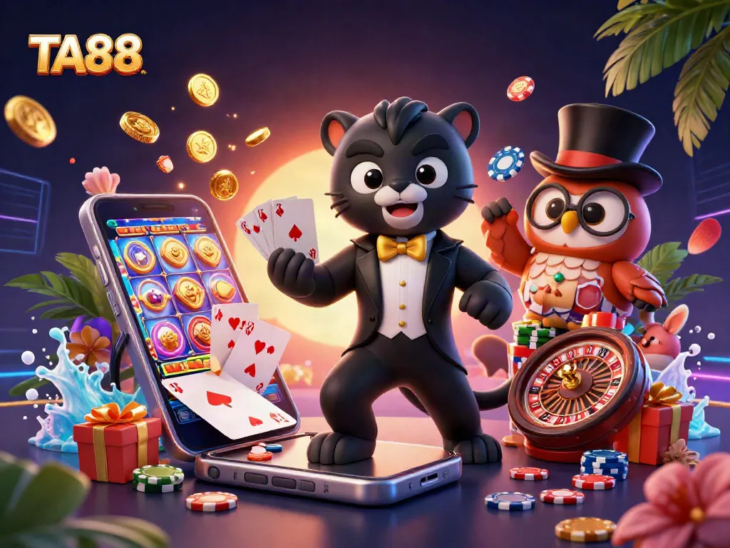 Engage with TA88 in this vibrant casino-themed illustration featuring a tuxedo panther, owl, and lucky mouse.