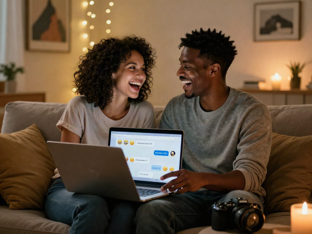 The couple enjoying passionate conversation about porn chat ai in a cozy living room.