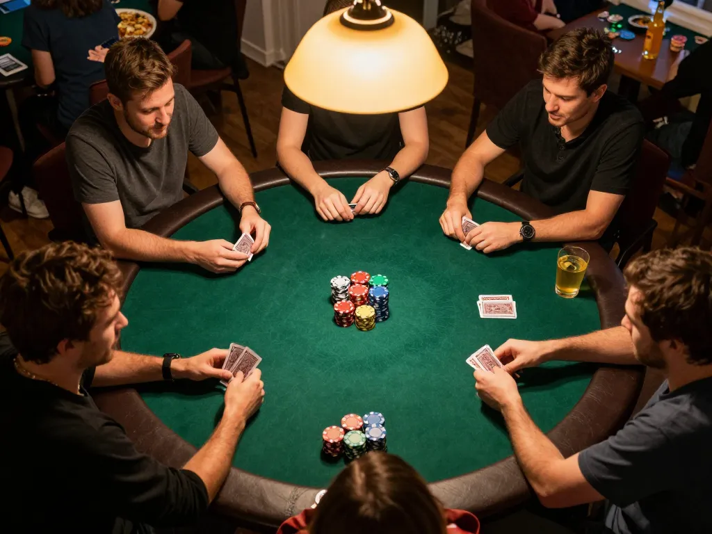 Players enjoy a thrilling poker game experience around FIVE88's vibrant gaming table while socializing.