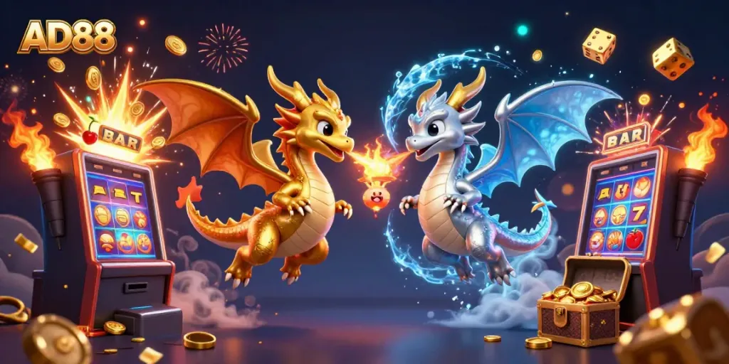 Experience the thrilling world of AD88 with dynamic dragons, slot machines, and exciting jackpot moments.