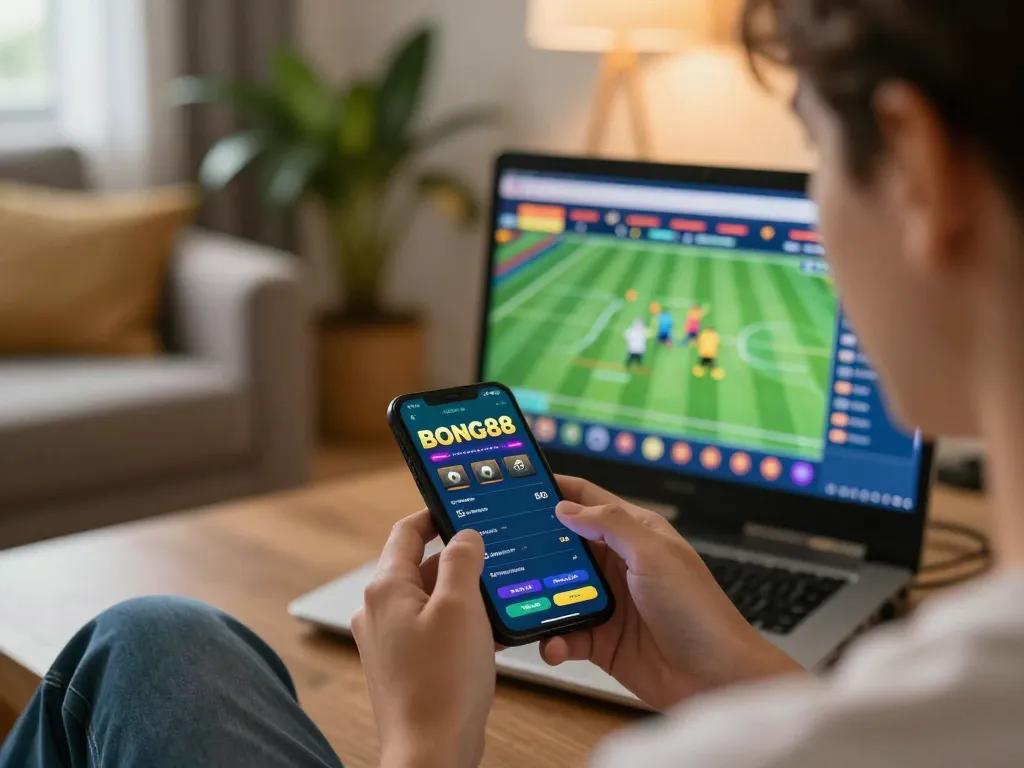 BONG88 user placing bets on a smartphone in a cozy living room setting