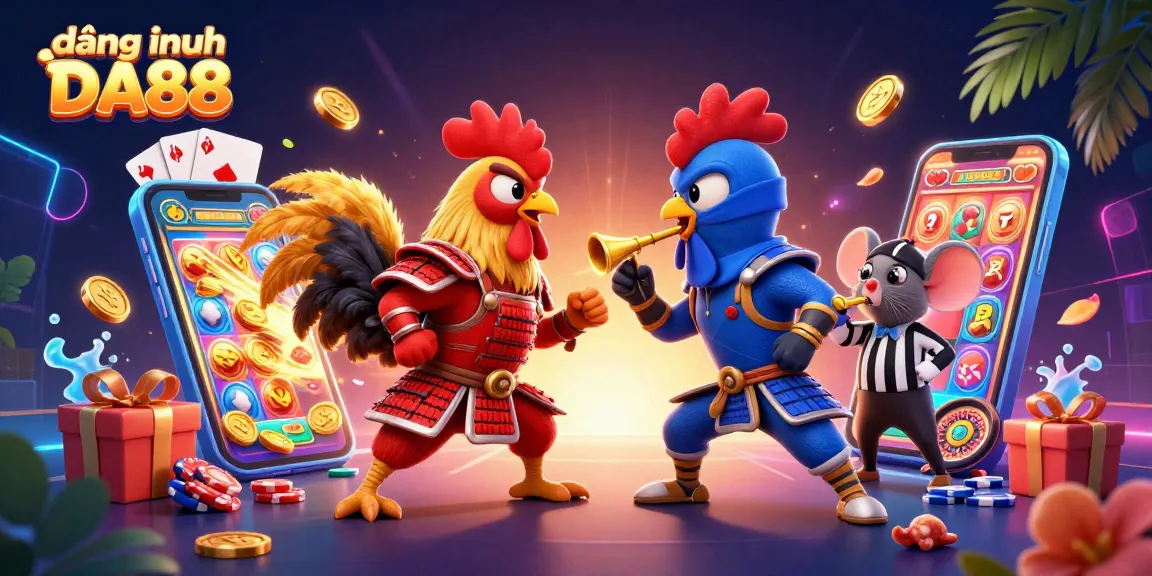 Engage in dynamic action with đăng nhập DA88, featuring cartoon roosters and gaming elements.