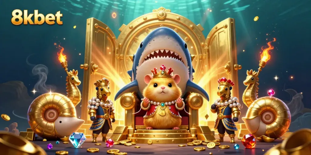Engage with 8kbet's vibrant, immersive casino atmosphere featuring treasure and royal characters.