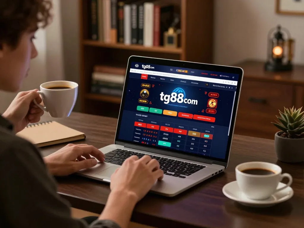 Engaged user exploring tg88com online casino interface, analyzing strategies at home.