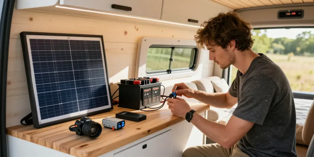 Efficient campervan electrics setup by rokok88, showcasing solar panels and wiring.