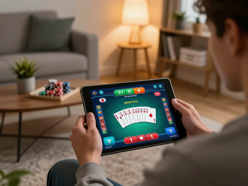 Engaging in online poker with DA88 in a cozy home setting, showcasing strategic betting