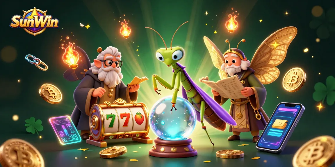 Experience the thrill of SunWin with vibrant slot reels and mystical elements in this captivating illustration.