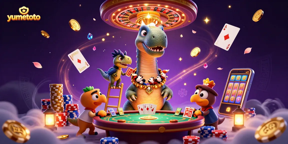 Experience thrilling gameplay at yumetoto with a lively 3D scene featuring a brontosaurus and raptor amidst casino elements.