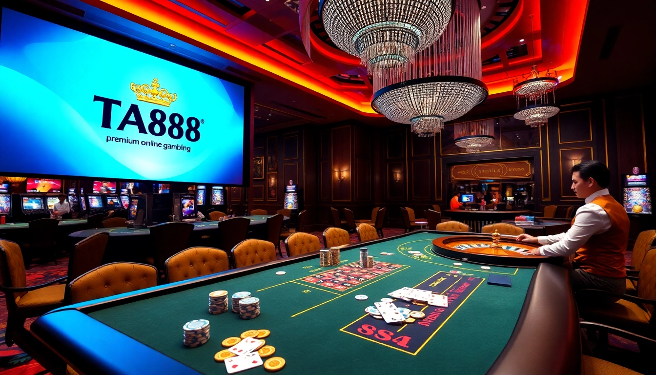Exciting casino scene with TA88 branding featuring poker chips and table games.