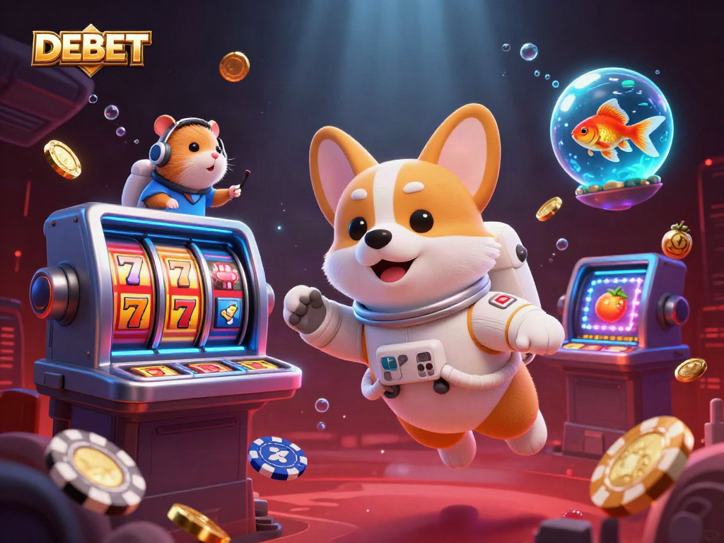 DEBET astronaut corgi navigates a floating space casino filled with jackpot reels and glowing coins.