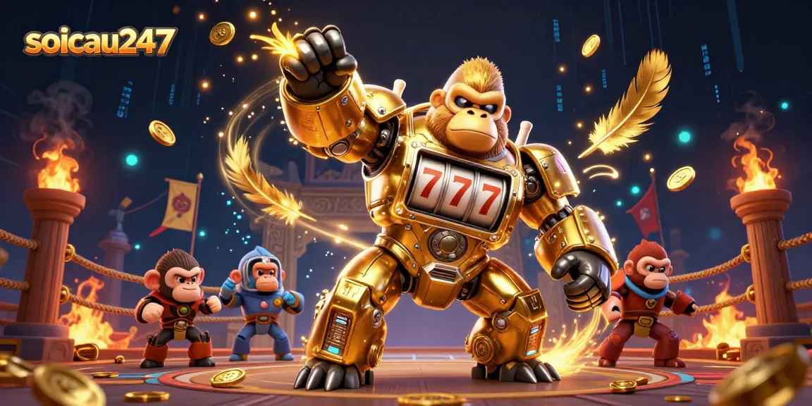 Engage with soicau247 in this vibrant 3D casino scene featuring a golden gorilla mech and dynamic elements.