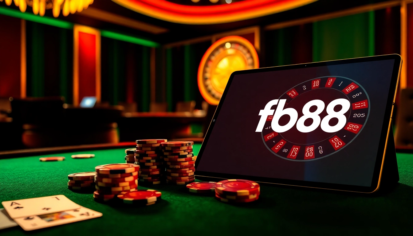 Experience thrilling action at fb88's luxury casino with cards, chips, and roulette.