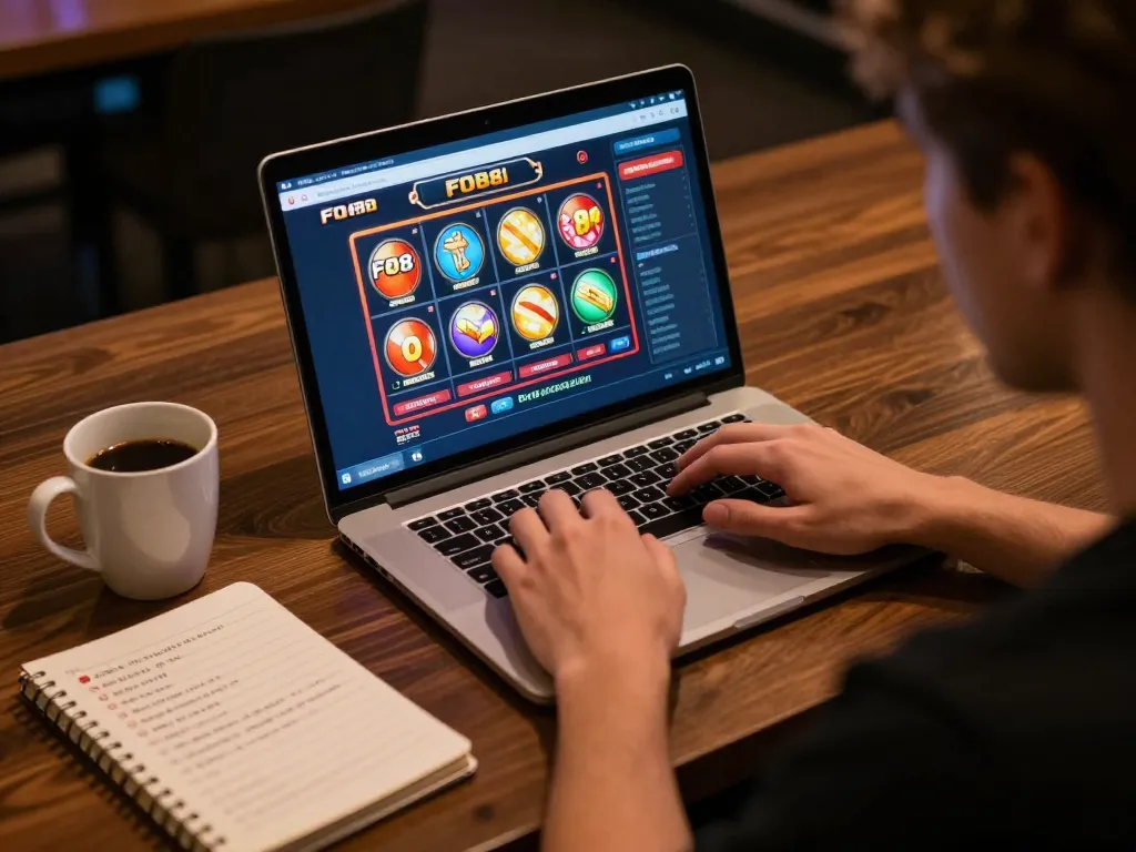 Player engaging with the FO88 online casino on a laptop, showcasing a vibrant slots screen and strategic betting notes.