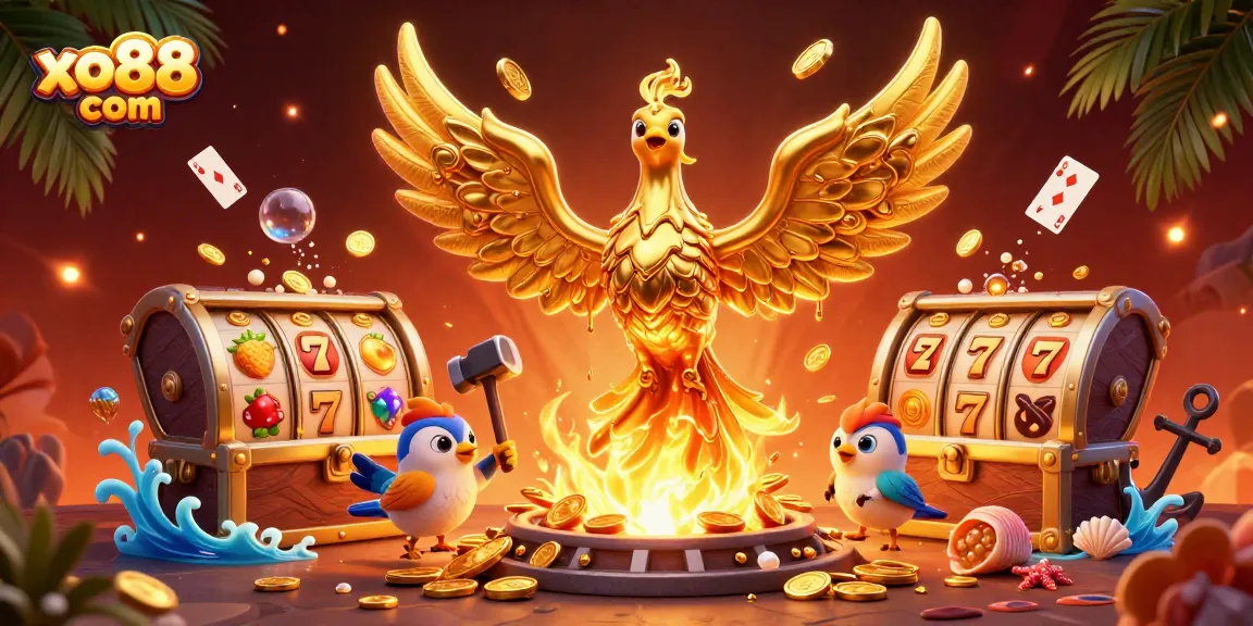 Experience thrilling slot wins with xo88 com as a molten gold phoenix reigns in a vibrant casino scene.