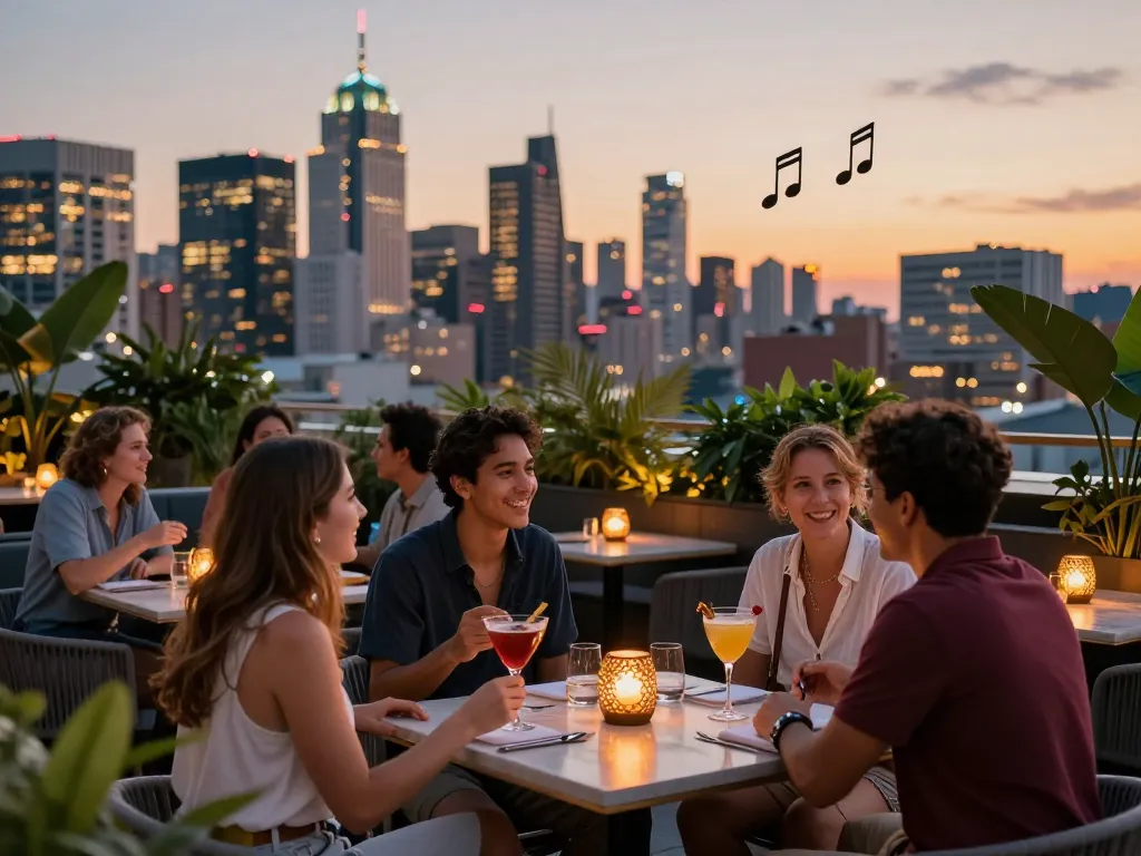 Rooftop bar scene at NoHu featuring cocktails and a stunning skyline view.