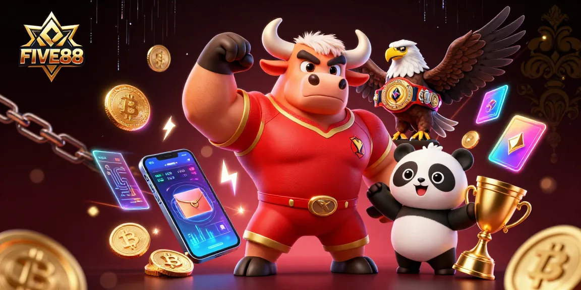 Experience the excitement of FIVE88, featuring a dynamic casino scene with vibrant characters and gaming elements.