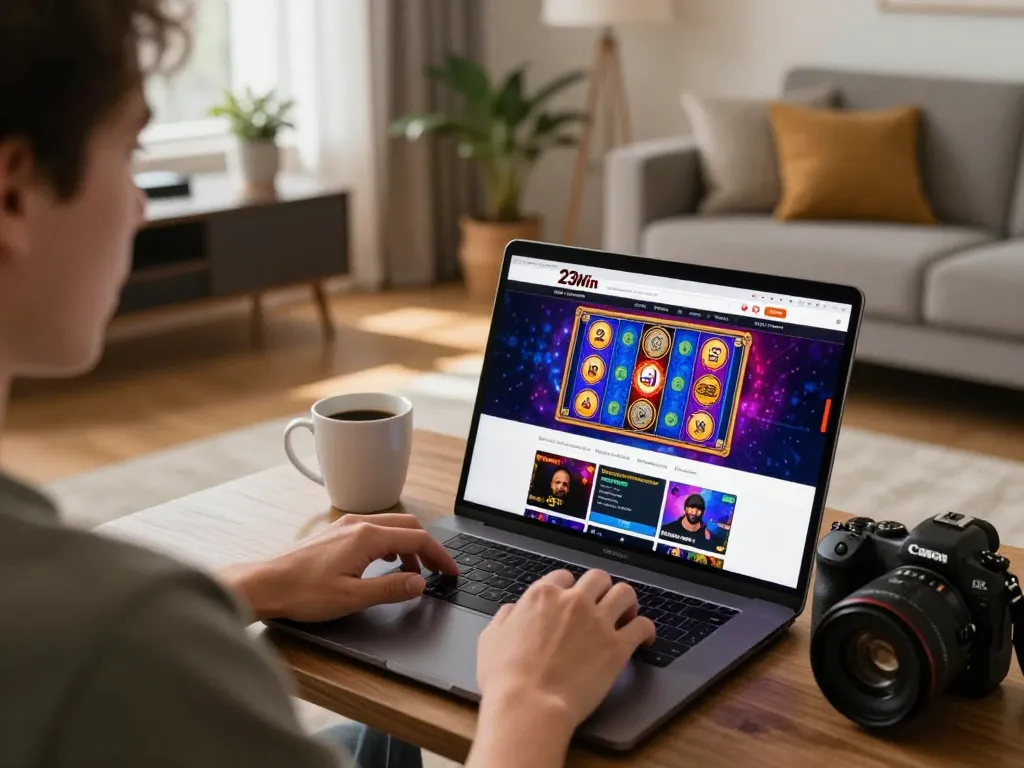 Player engaging with 23Win's online casino platform in a cozy living room, highlighting strategic game interaction.