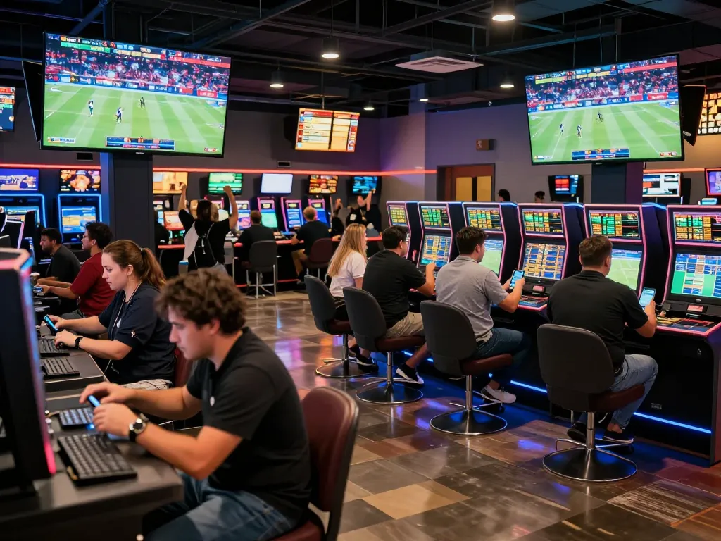 LODE88 bettors engaging in live sports events, placing strategic bets in a dynamic atmosphere.