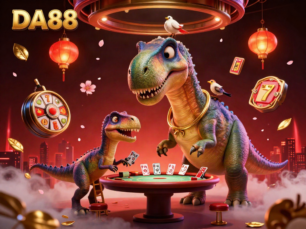 DA88 illustrated characters engage in a vibrant casino scene with slot reels and dynamic energy.