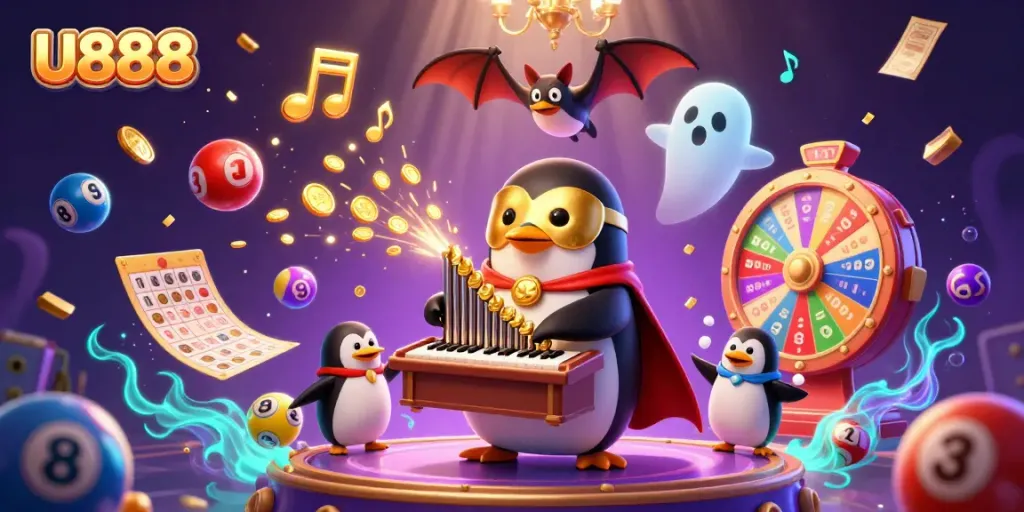 Experience U888 with a vibrant scene featuring a penguin playing a pipe organ amidst floating lotto balls and golden tickets.