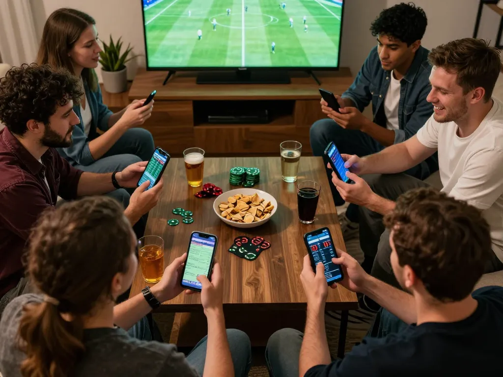 Sky88 enthusiasts engaged in lively sports betting with live odds displayed on their smartphones