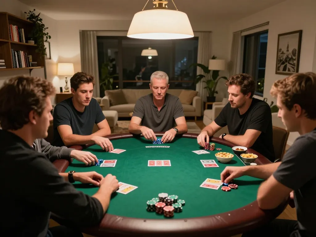 Engaged players enjoying an exciting poker game night at home, featuring strategic plays with FIVE88