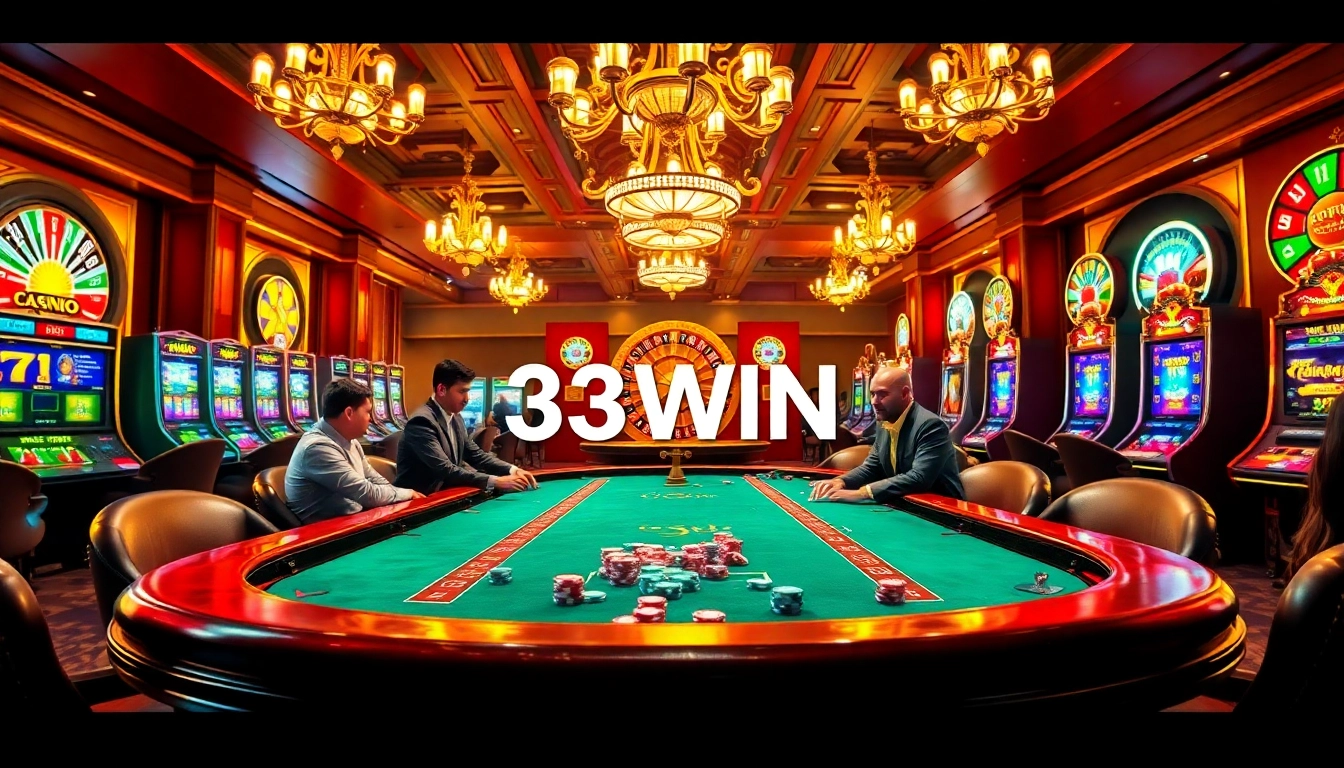 33WIN players engaging in a high-stakes poker game with vibrant casino elements around.