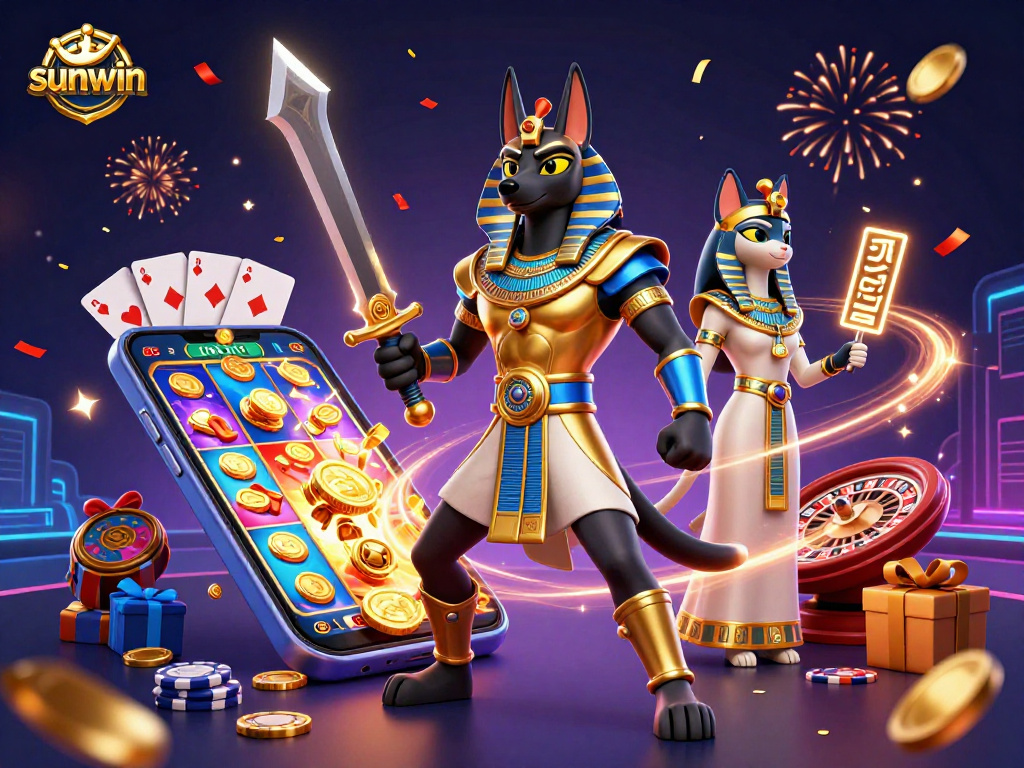 Win big with sunwin in a vibrant 3D casino scene featuring ancient Egyptian characters.