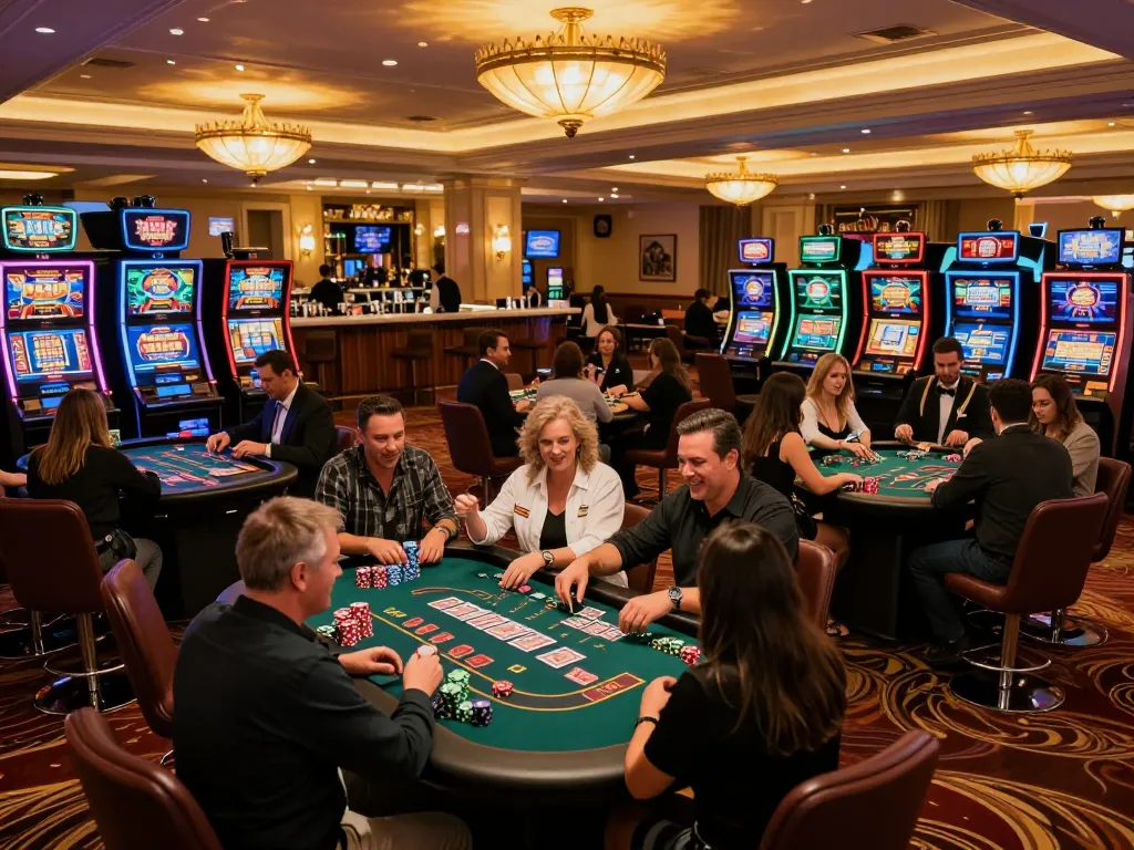 Experience excitement at FABET's blackjack tables filled with players in a luxurious casino.