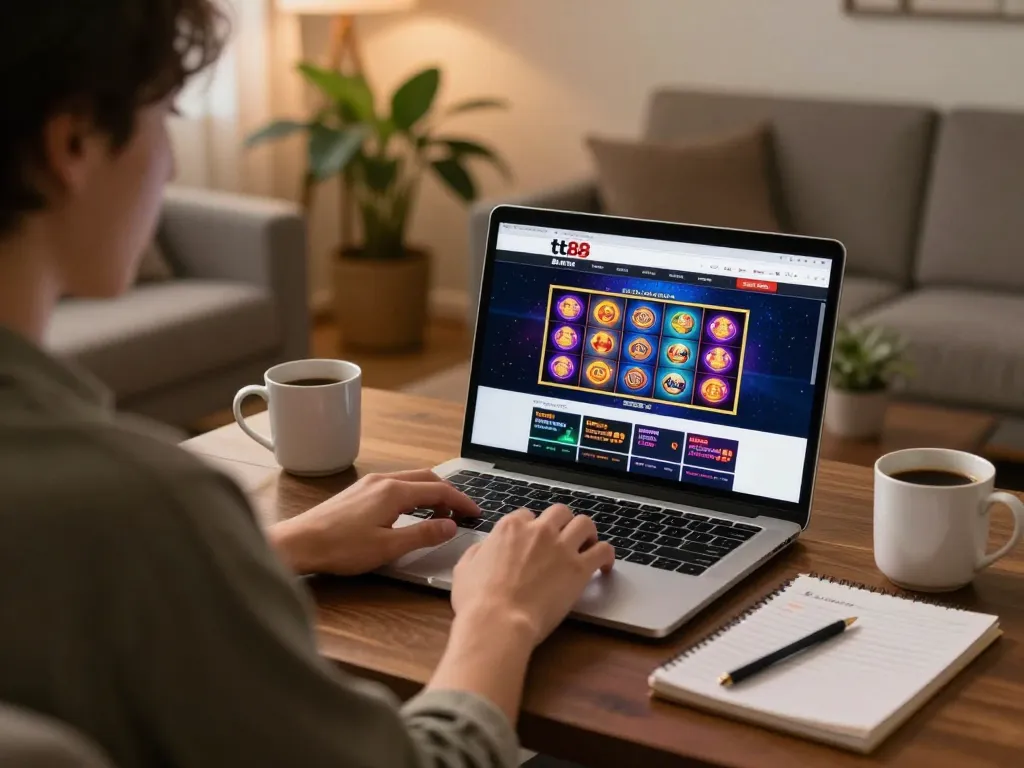 Engaged player exploring nhà cái tt88 on a laptop, showcasing vibrant online gaming atmosphere.