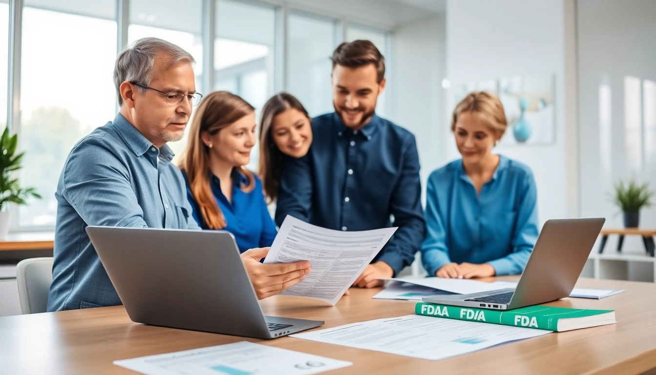 Process of certificazione fda con documenti e professionisti in un ufficio.