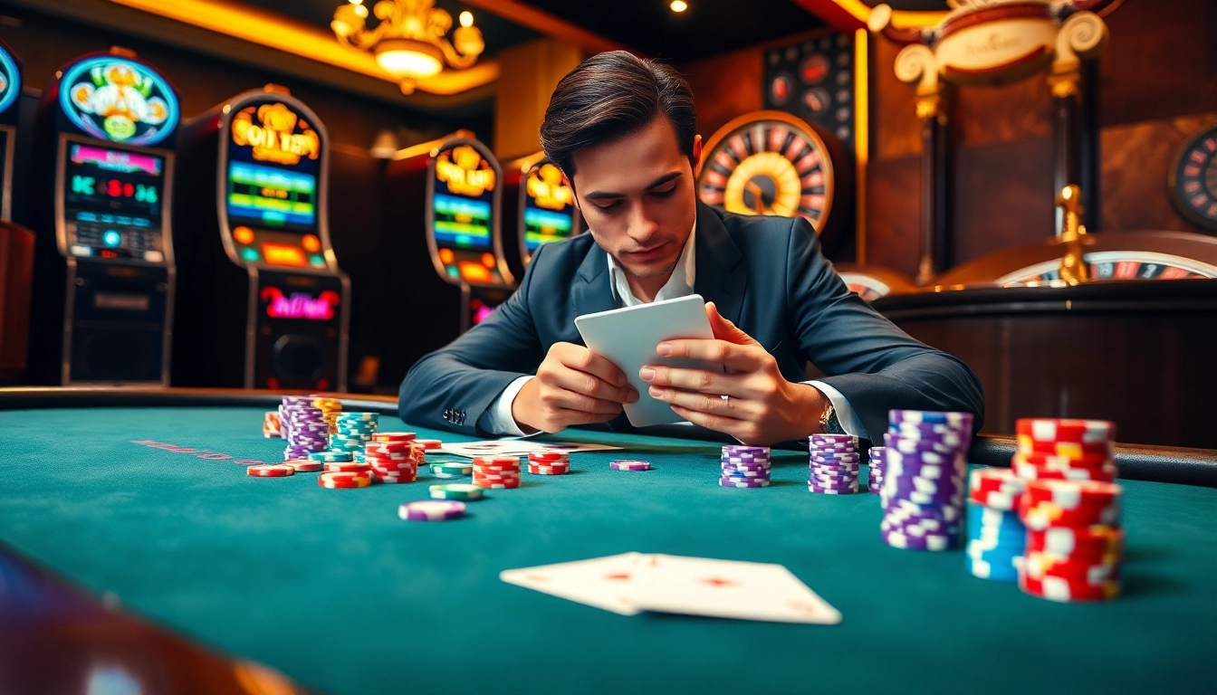 Exciting gameplay at Dominoqiu with a professional poker table setup, vibrant chips, and strategic players.