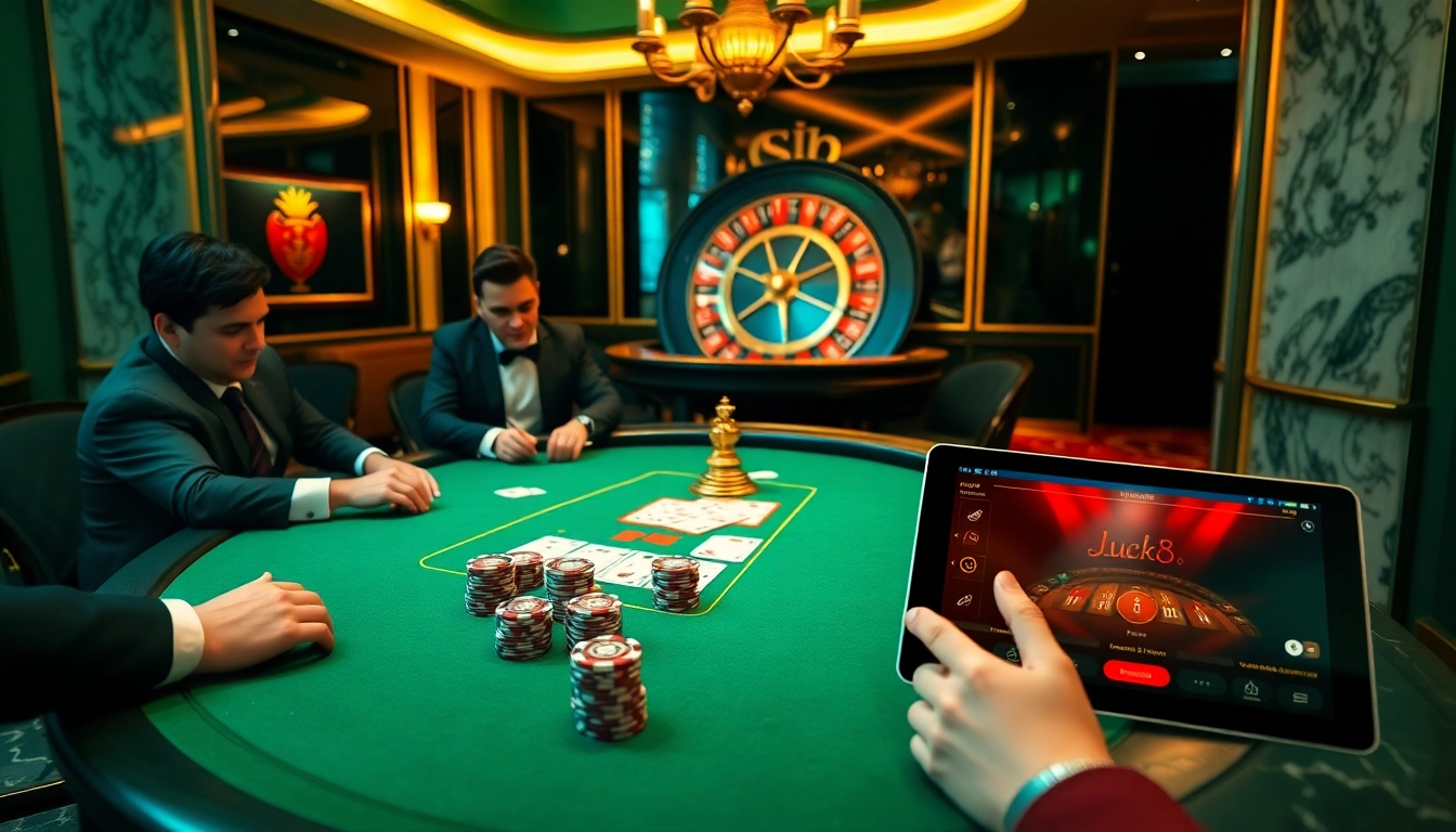 Exciting casino scene featuring Luck8.com poker players and a spinning roulette wheel.