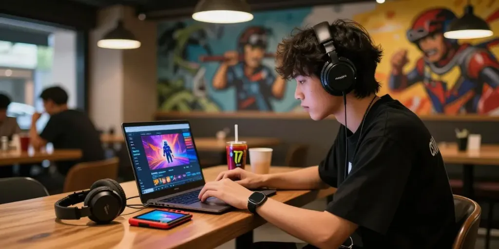 Gamer using the rokok88 gaming platform in a lively café setting with trendy accessories.