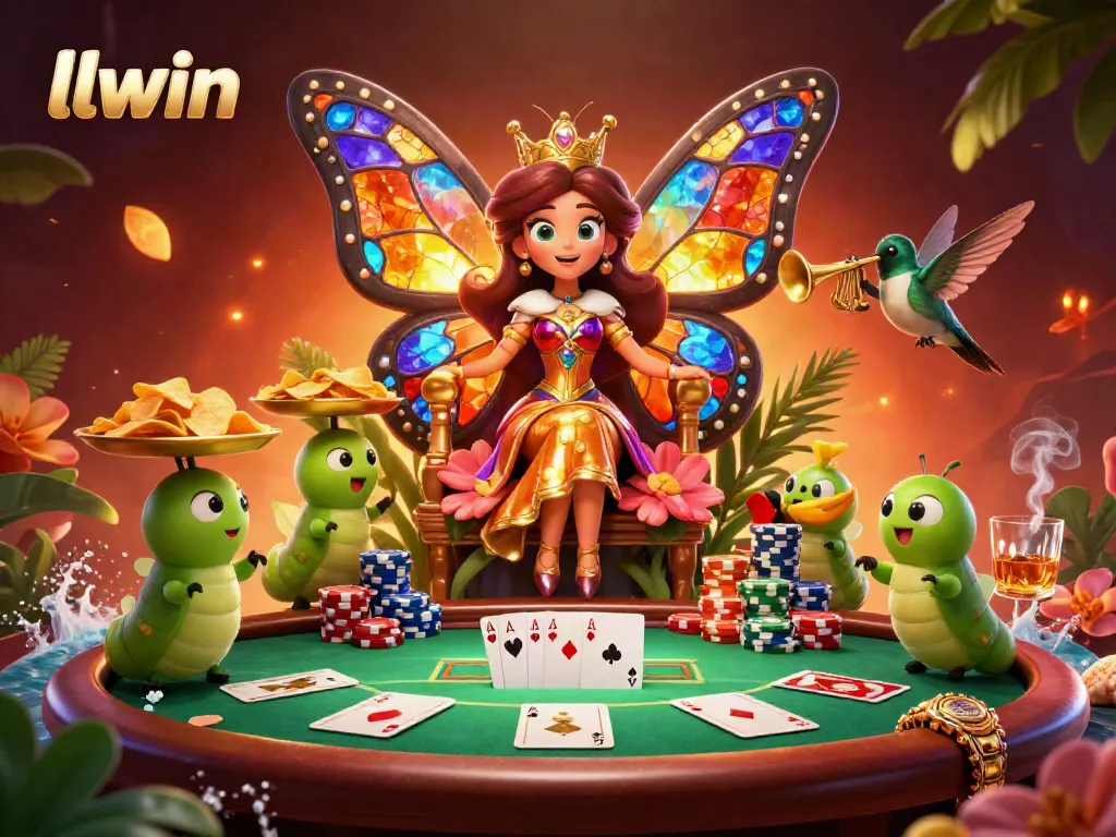 Engage with llwin's vibrant casino scene featuring a butterfly queen and poker elements.