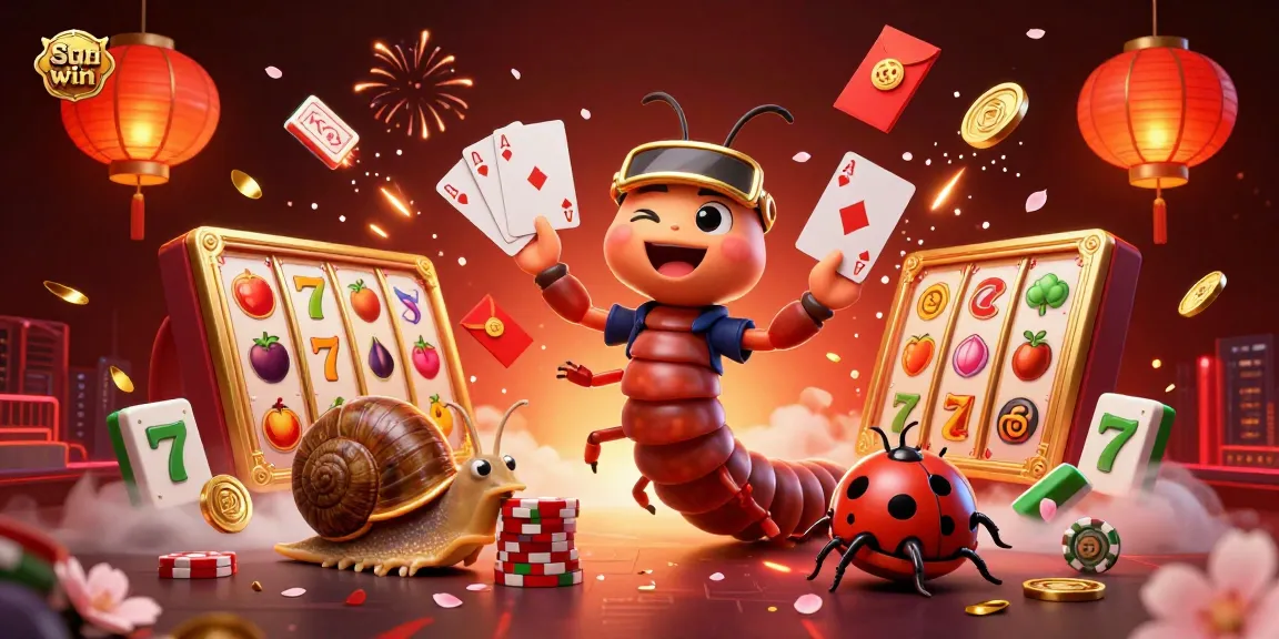 Engage with Sun win casino fun featuring vibrant slot reels, cards, and energetic characters.