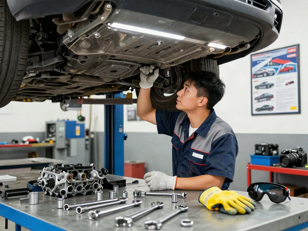 Thợ sửa xe kiểm tra gầm xe với thiết bị và dụng cụ liên quan đến link f168, tạo không gian chuyên nghiệp.