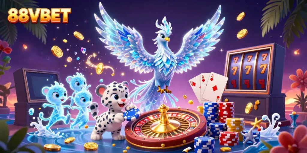 Engage in thrilling gameplay with 88VBET, featuring a lively phoenix, poker chip fun, and sparkling gems.