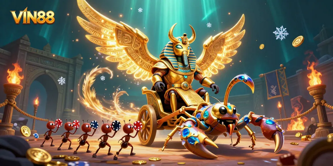 Experience thrilling VIN88 casino excitement with vibrant golden elements and dynamic characters.