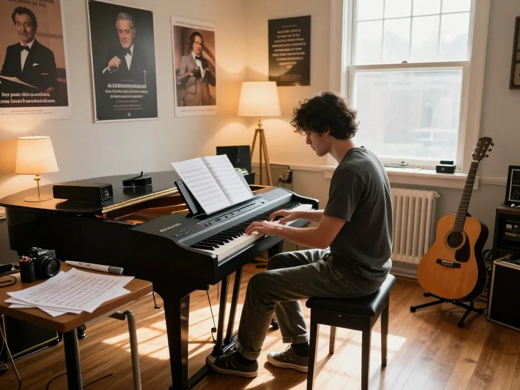 Musician playing the go 88 digital piano in a cozy music studio, showcasing creativity and passion.