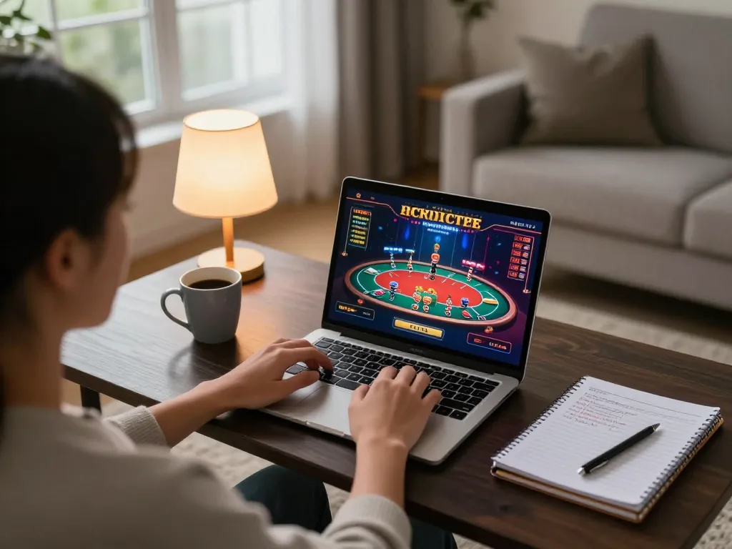 Engaging online casino gameplay on laptop with strategic notes and link max88 visible in cozy home setting.